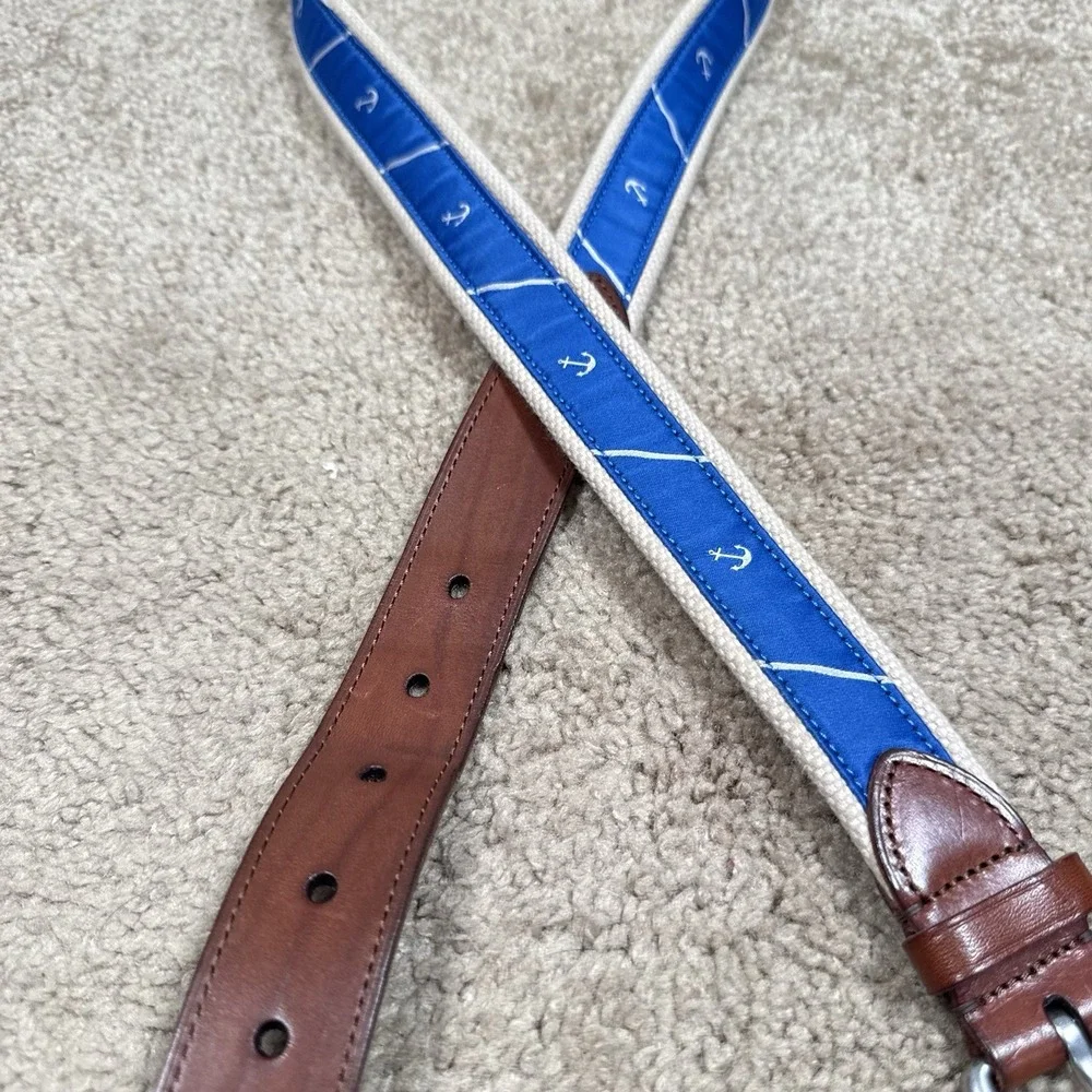 Polo Ralph Lauren Nautical Needlepoint Belt Mens 40 Blue Anchor Leather Preppy